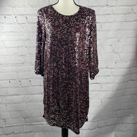 NWT Parker Black purple sequin long sleeve shift mini dress size 8 - Picture 1 of 7
